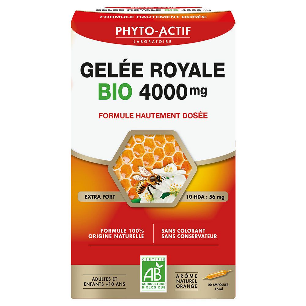Boîte de PHYTO-ACTIF Gelée Royale Bio 4000 mg. Emballage rouge et blanc avec nom du produit et label bio. Illustration en nid d'abeilles.