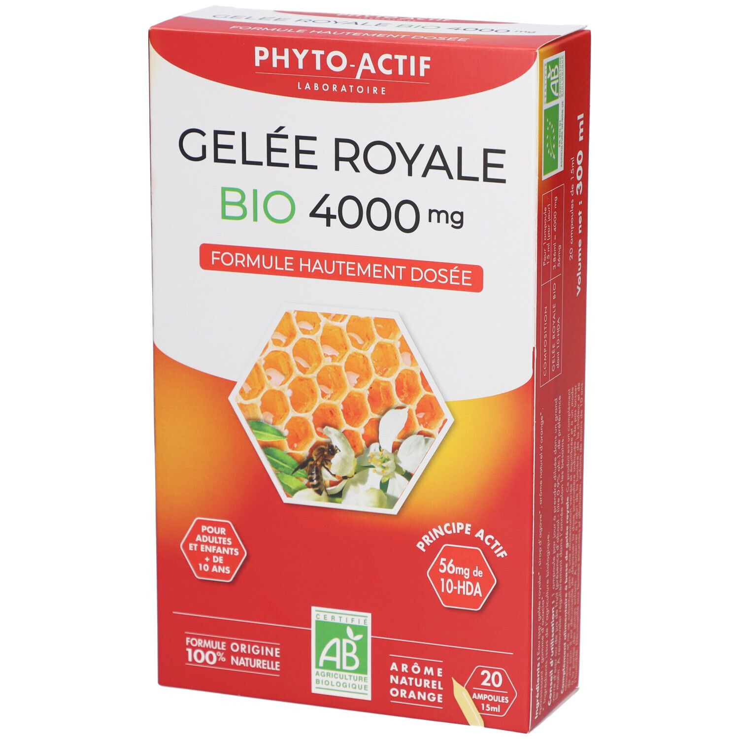 Boîte "Gelee Royale Bio 4000 mg". Contient 20 ampoules. Certification AB. Design orange.