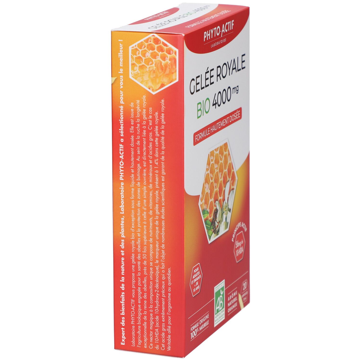 Vue latérale de la boîte "Gelee Royale Bio 4000 mg". Texte et logo. Certification AB. Design orange.