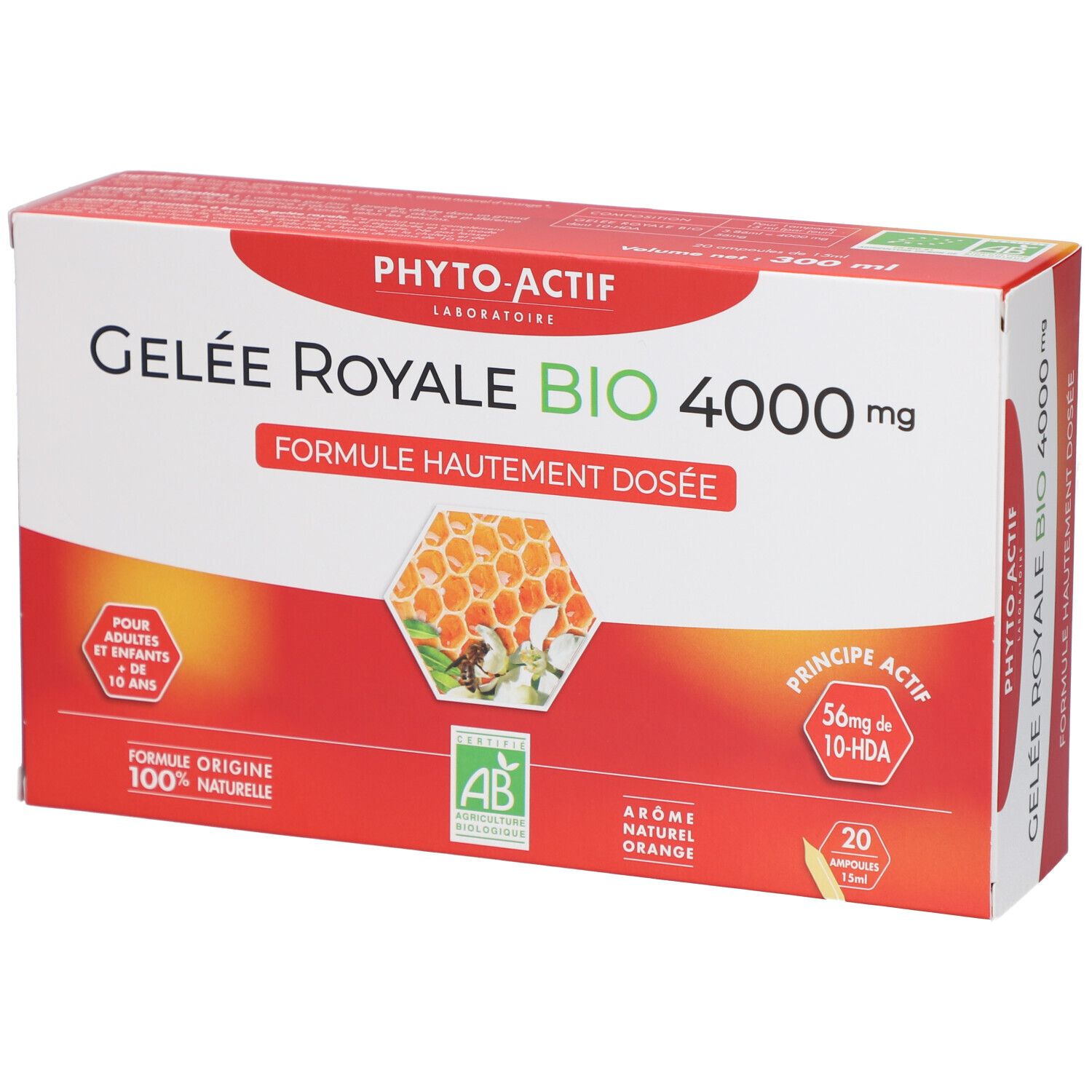 Boîte "Gelee Royale Bio 4000 mg". Contient 20 ampoules. Certification AB. Design orange.