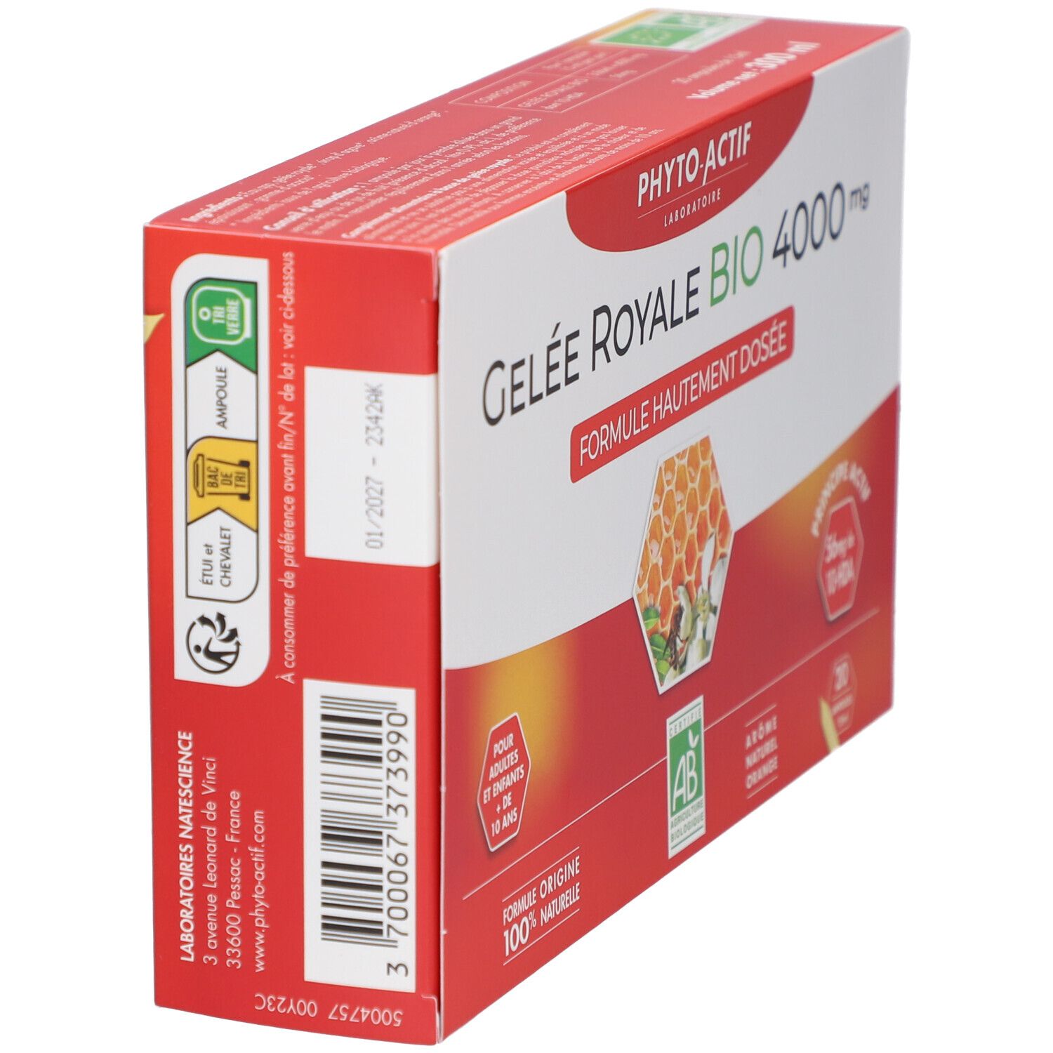 Boîte "Gelee Royale Bio 4000 mg". Contient 20 ampoules. Certification AB. Design orange. Détails et numéro de lot.