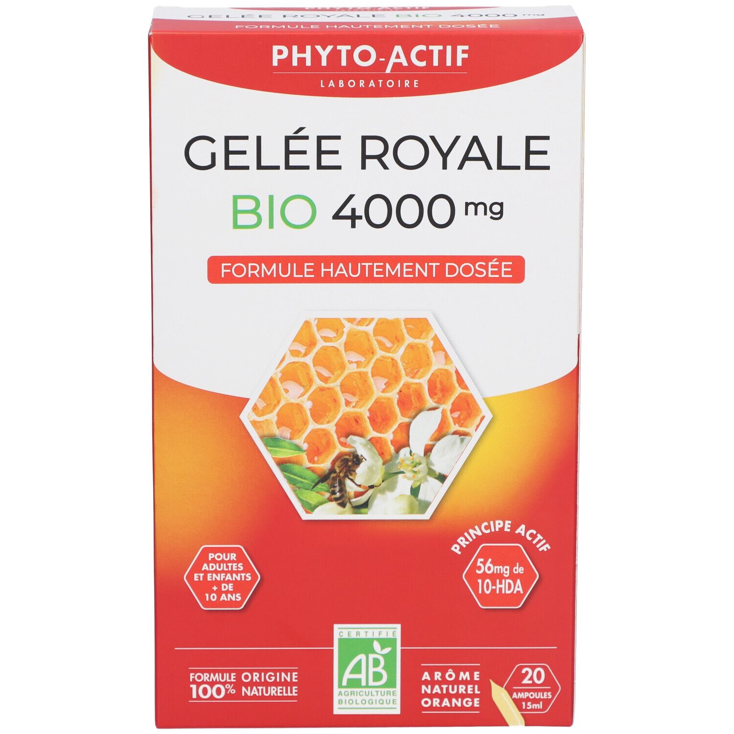 Boîte "Gelee Royale Bio 4000 mg". Contient 20 ampoules. Certification AB. Design orange.