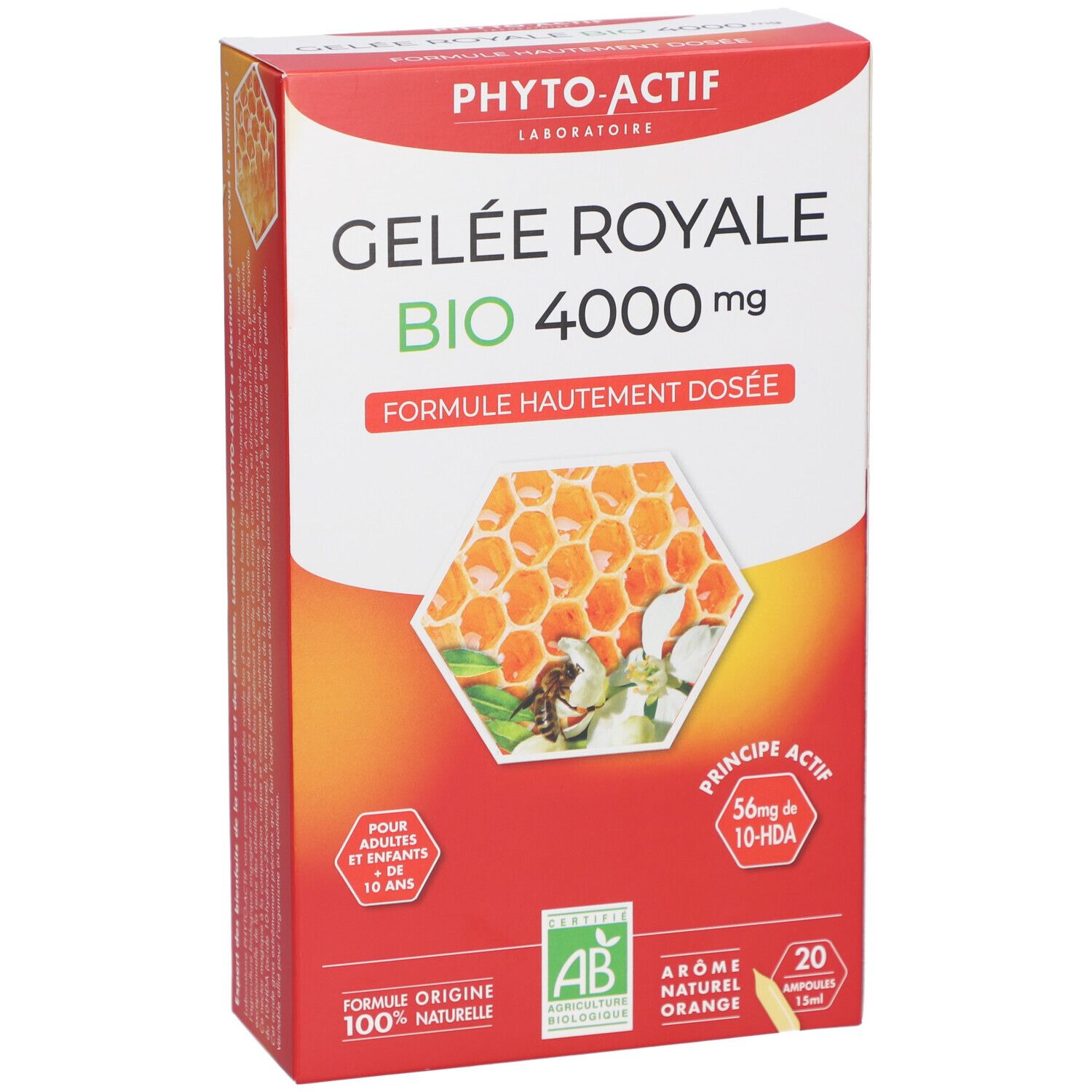 Boîte "Gelee Royale Bio 4000 mg". Contient 20 ampoules. Certification AB. Design orange.