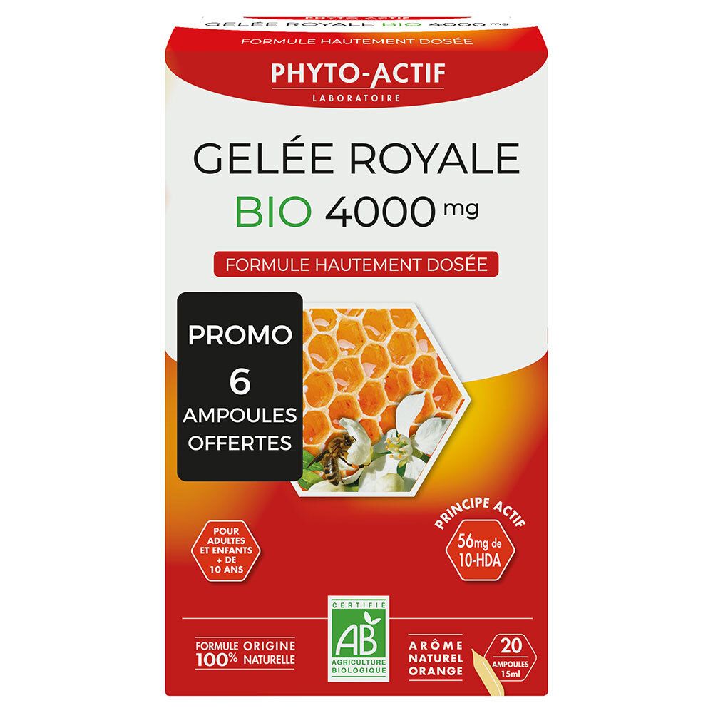Boîte de PHYTO-ACTIF Gelée Royale Bio 4000 mg. Emballage rouge et blanc avec informations et logo.