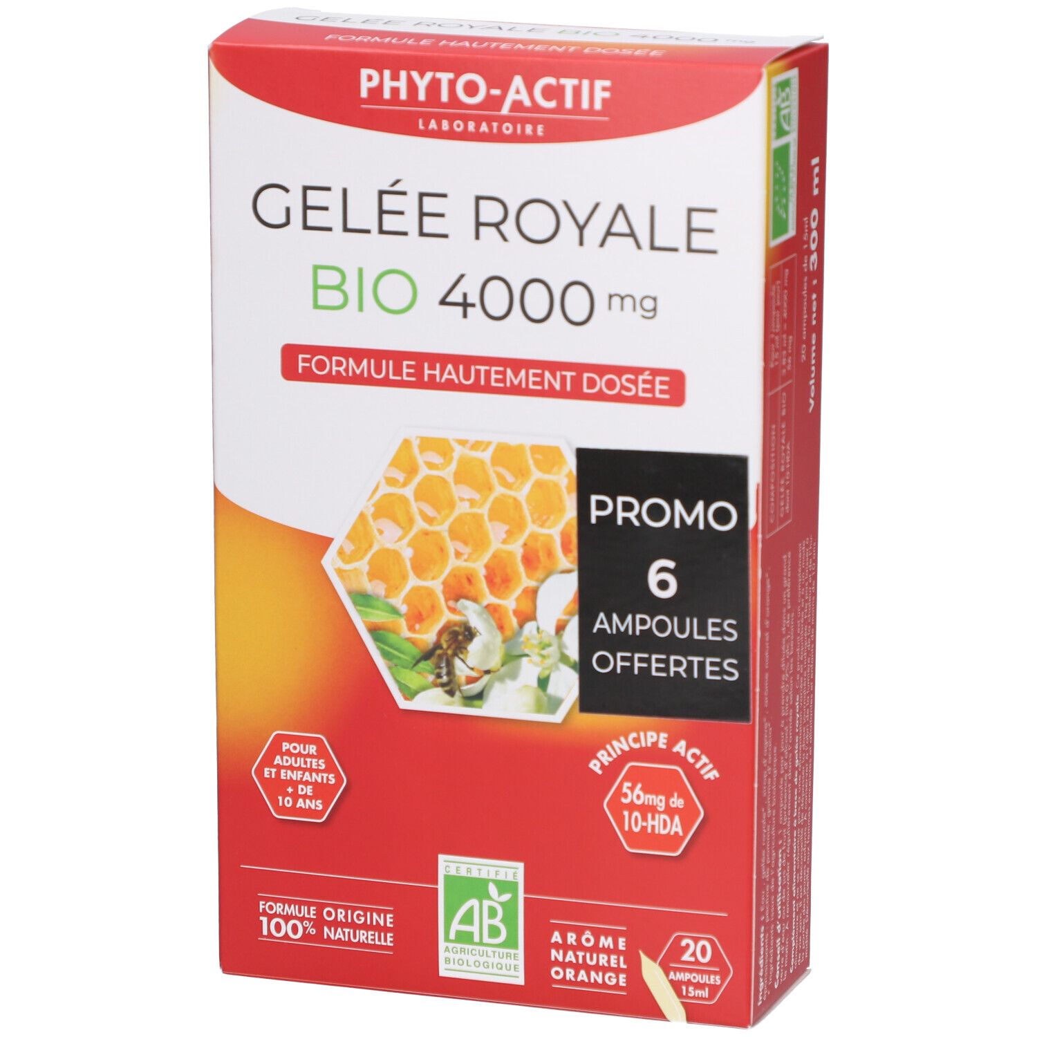 Boîte rouge et blanche avec texte. Inscription: Gelée Royale Bio 4000 mg. Illustration de rayon de miel et label AB Bio.