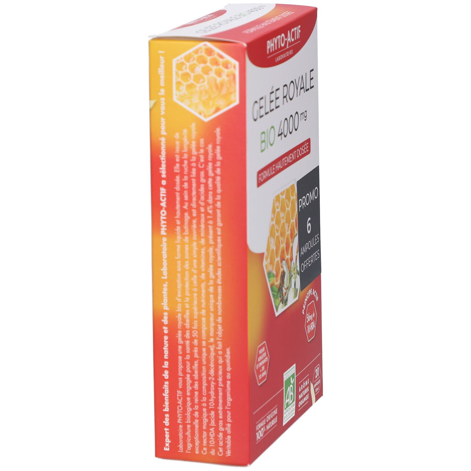 Vue latérale de l'emballage. Inscription: Gelée Royale Bio 4000 mg. Illustration de rayon de miel et label AB Bio.