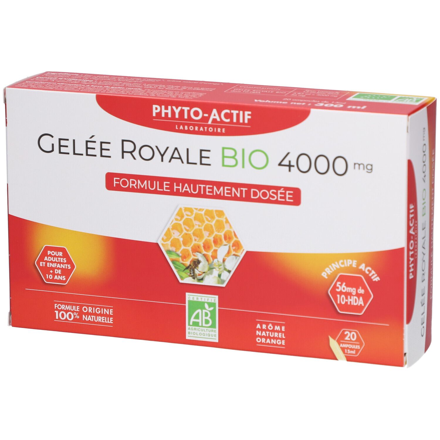 Emballage avec texte: Gelée Royale Bio 4000 mg. Illustration de rayon de miel, label AB Bio et 20 ampoules.