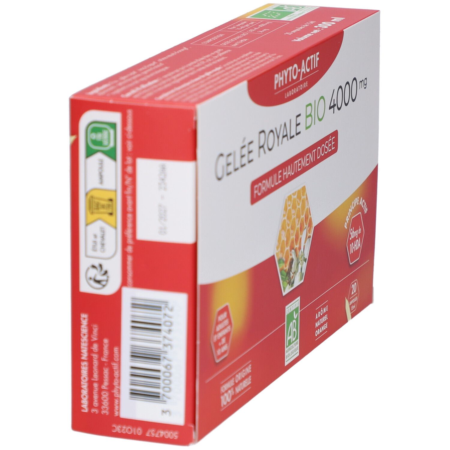 Emballage avec texte: Gelée Royale Bio 4000 mg. Illustration de rayon de miel, label AB Bio et 20 ampoules.