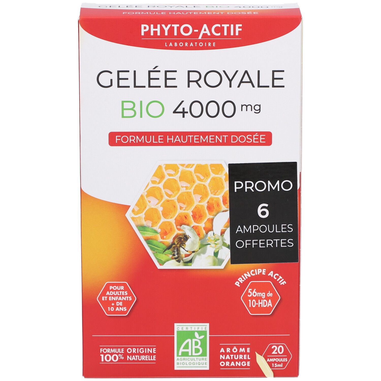 Emballage avec texte: Gelée Royale Bio 4000 mg. Illustration de rayon de miel, label AB Bio et 20 ampoules.