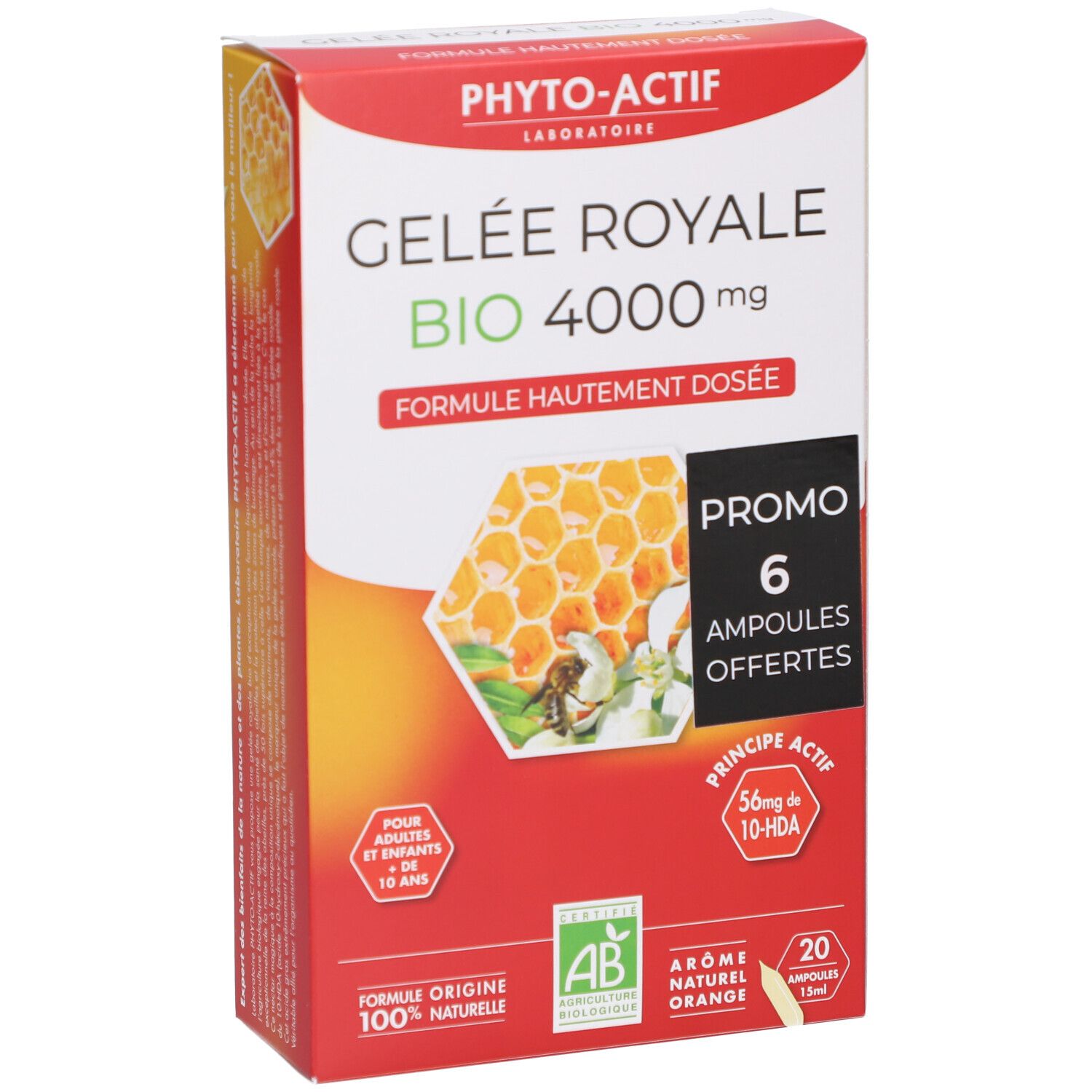 Emballage avec texte: Gelée Royale Bio 4000 mg. Illustration de rayon de miel, label AB Bio et 20 ampoules.