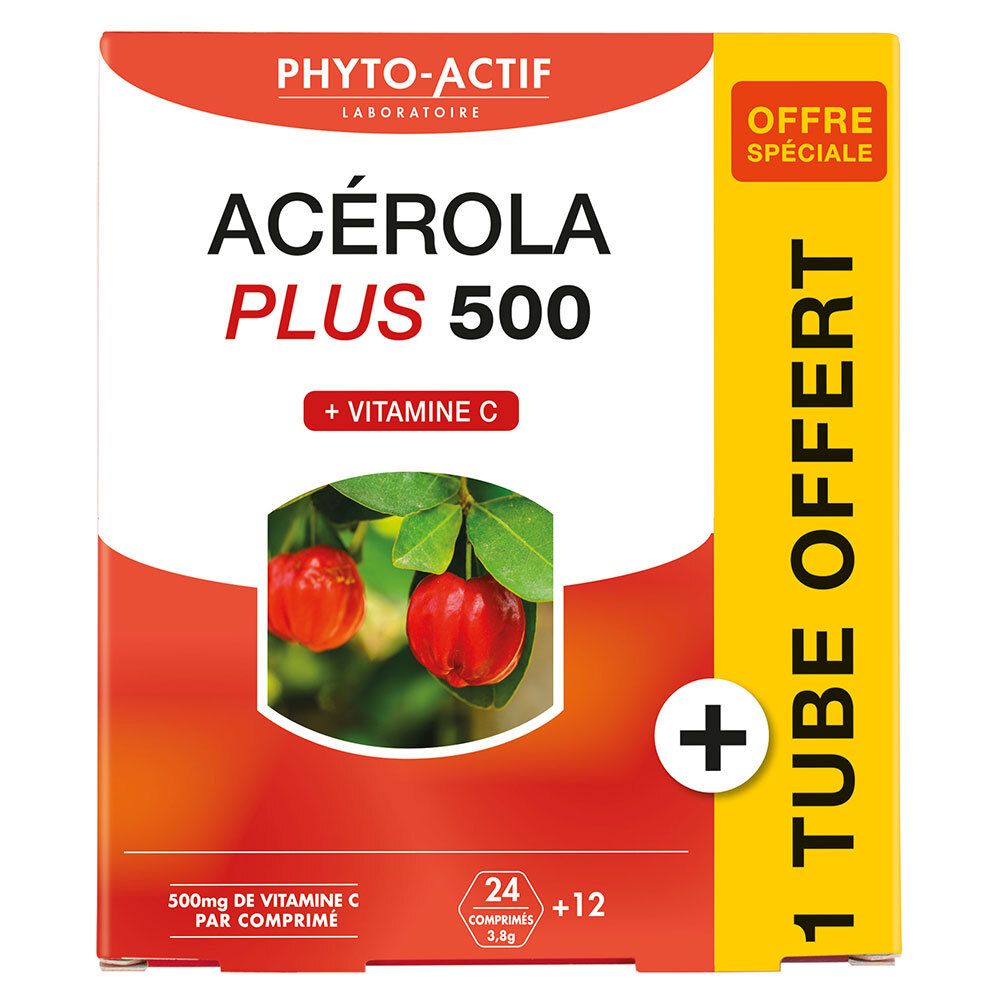 Boîte PHYTO-ACTIF Acérola Bio 500. Emballage rouge et jaune. Inscription Acérola Plus 500, Vitamine C. Illustration de cerises acérola.