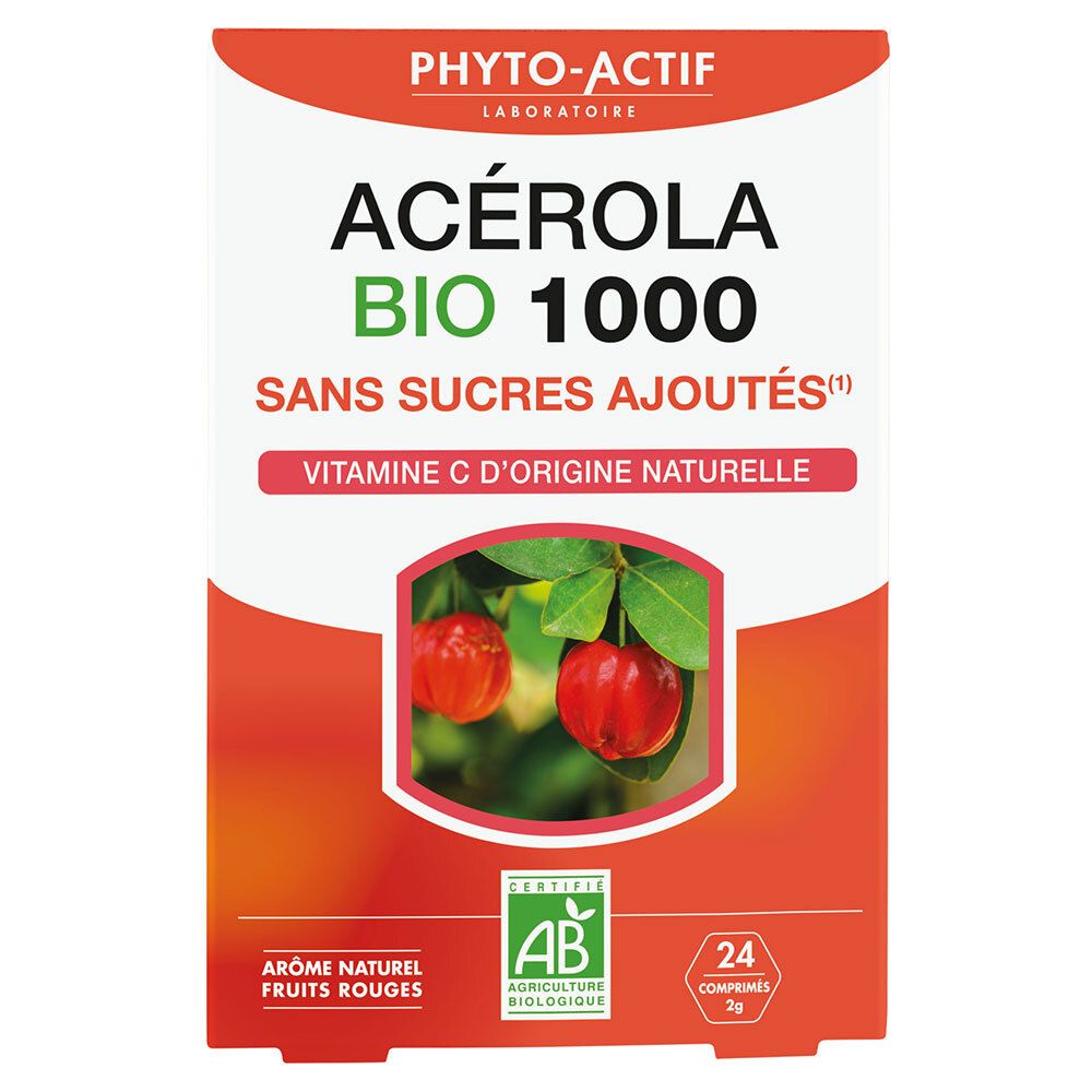 Boîte de PHYTO-ACTIF Acérola Bio 1000. Boîte rouge et blanche avec nom du produit, certification AB et 24 comprimés.