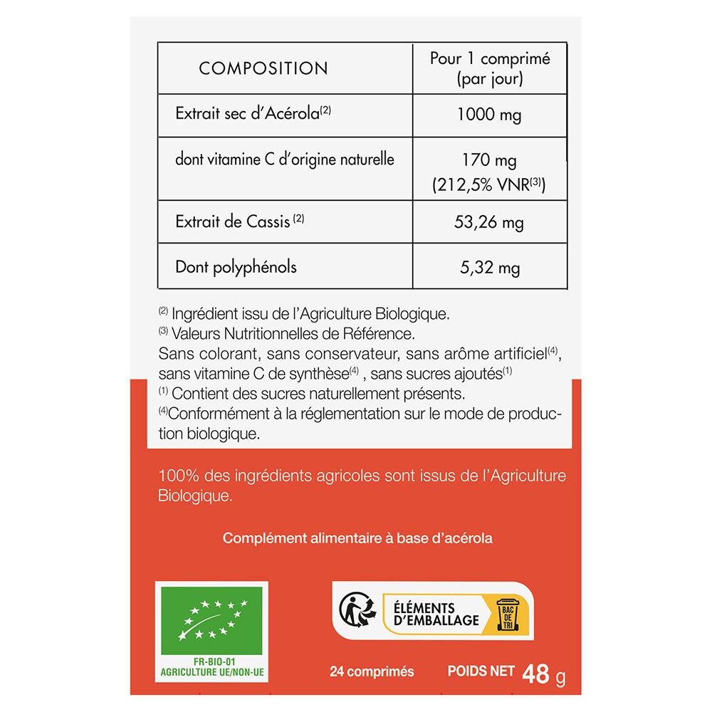 Dos de la boîte de PHYTO-ACTIF Acérola Bio 1000. Contient les informations nutritionnelles, la certification AB et 24 comprimés.