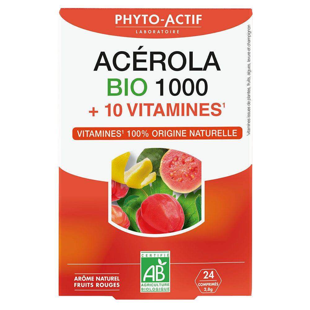 Boîte avec nom et logo du produit. Contient 24 comprimés. Certification bio. Illustration de fruits.