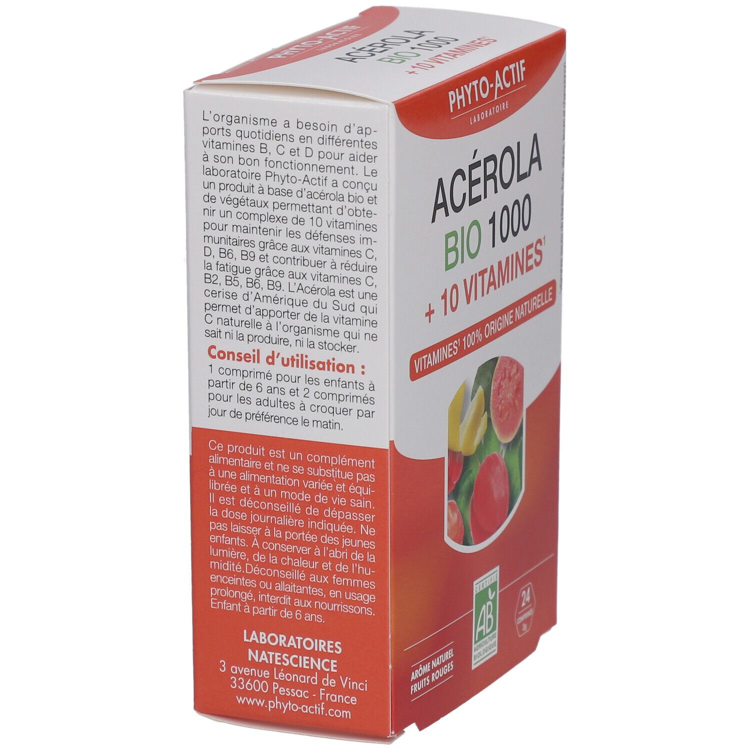 Boîte en carton avec nom et logo du produit. Texte en français. Certification AB Bio. Illustration de fruits.