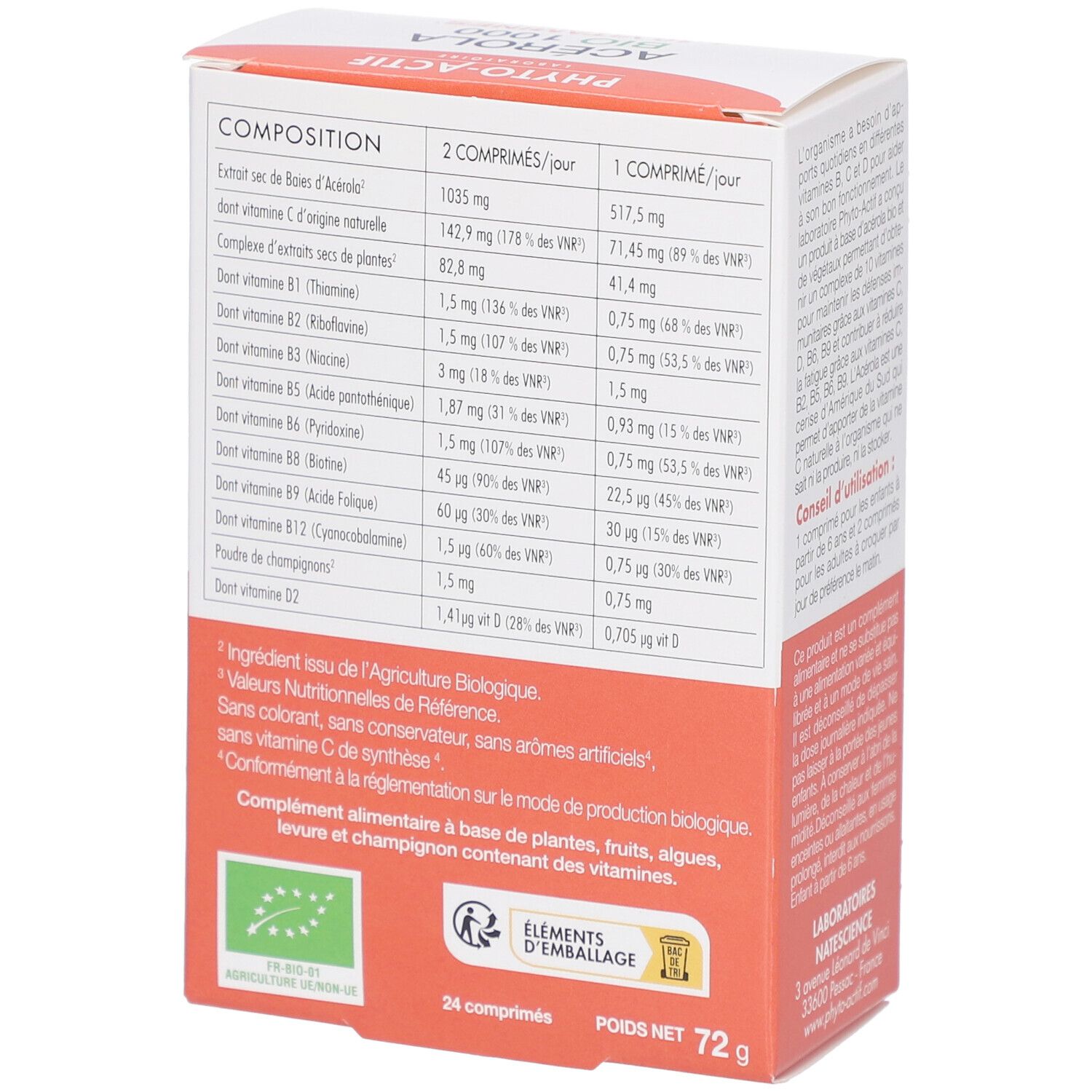 Boîte en carton avec nom et logo du produit. Contient des informations nutritionnelles et des ingrédients. Certification AB Bio.