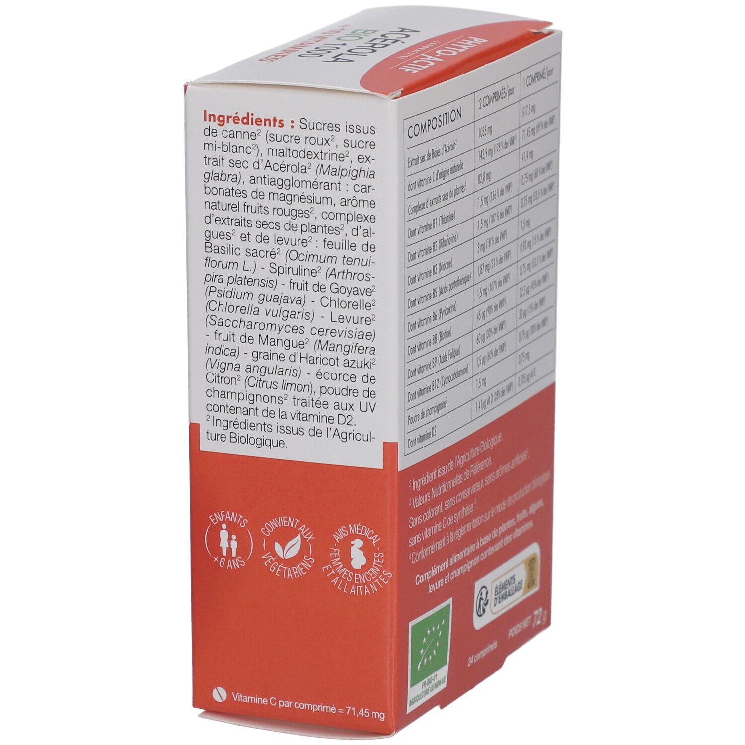 Boîte en carton avec nom et logo du produit. Contient des ingrédients et des certifications. Certification AB Bio.