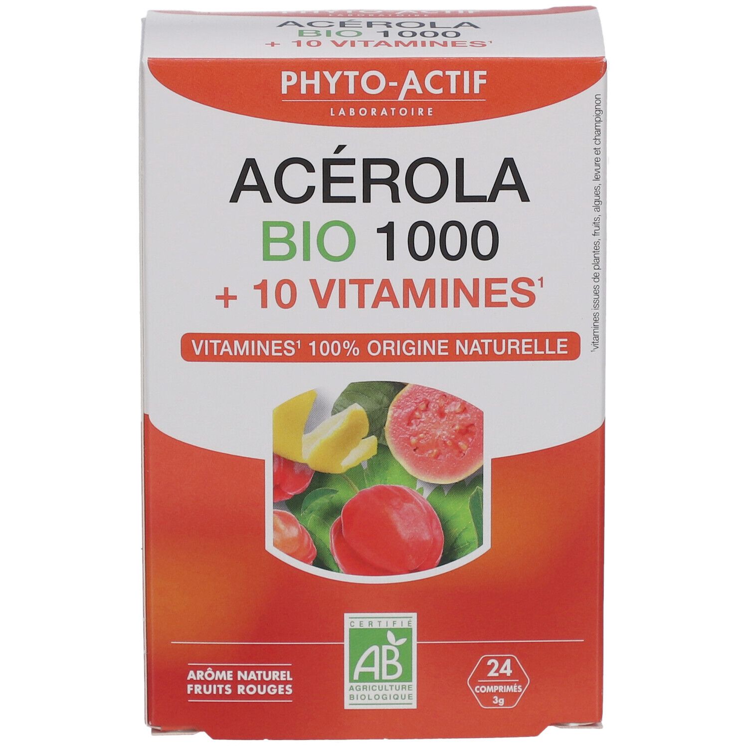 Boîte en carton avec nom et logo du produit. Contient 24 comprimés. Illustration de fruits. Certification AB Bio.