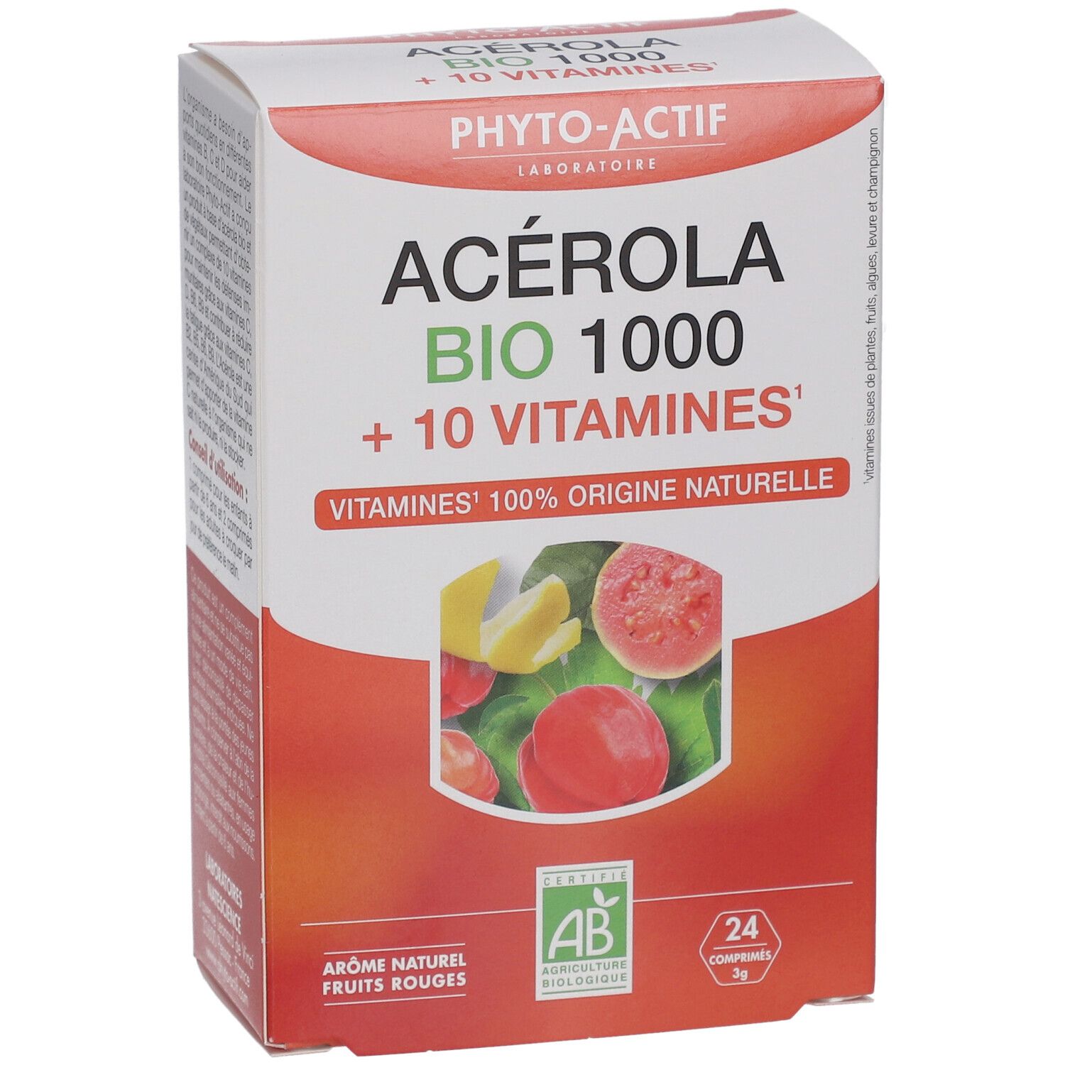 Boîte en carton avec nom et logo du produit. Contient 24 comprimés. Illustration de fruits. Certification AB Bio.