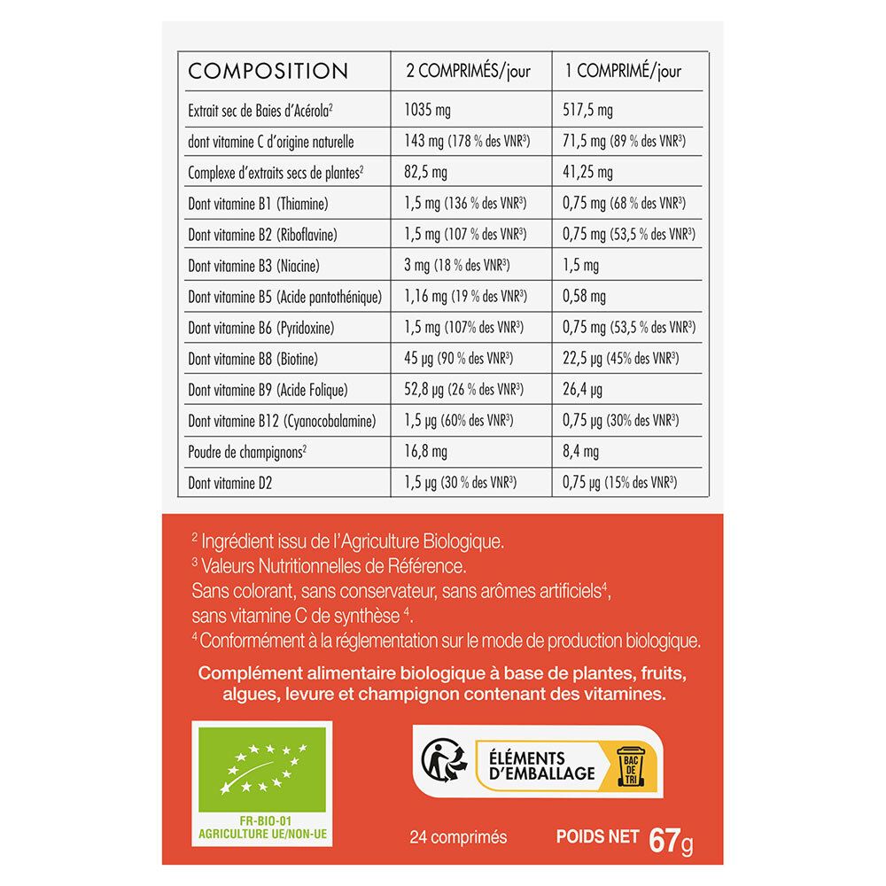 Tableau nutritionnel et ingrédients. Contient des informations sur les vitamines et les ingrédients. Certification bio.