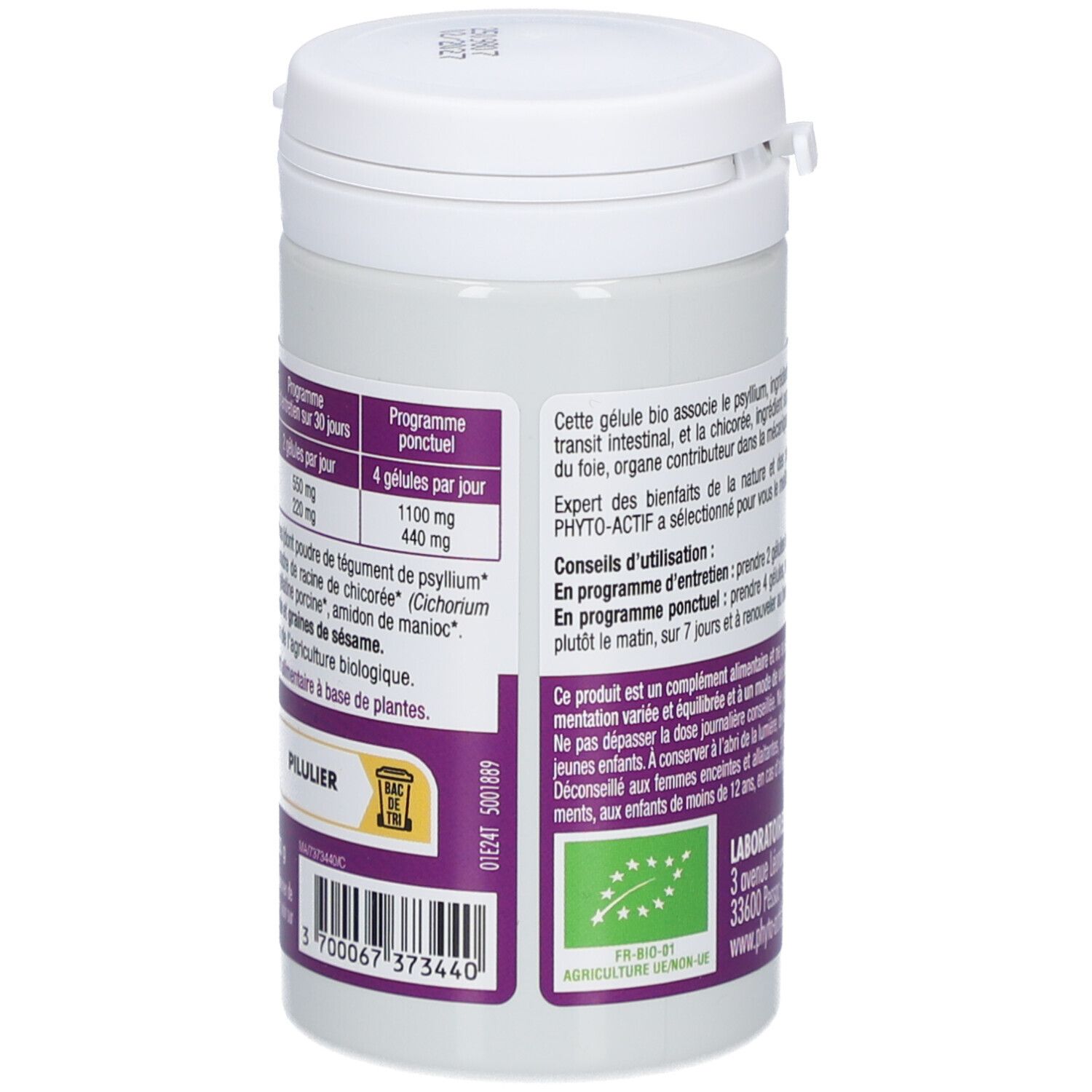 Flacon blanc et violet avec informations produit et logo bio. Inscription PHYTO-ACTIF. Texte en français.