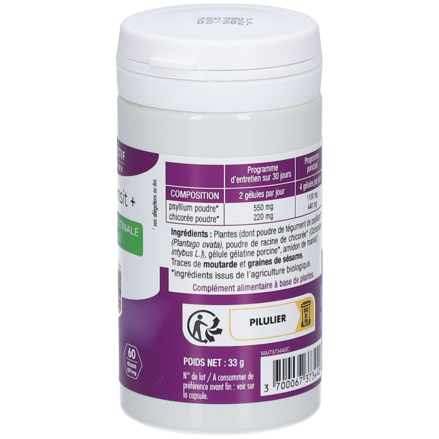 Flacon blanc et violet avec informations produit. Inscription PHYTO-ACTIF Colon Transit +. Logo bio. 60 gélules.