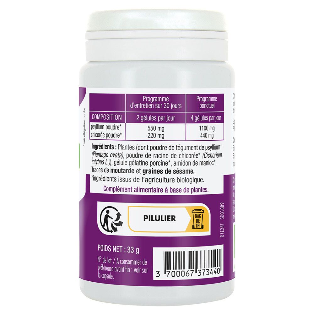 Dos du flacon. Étiquette violette avec ingrédients et dosage. Texte: Pilulier, poids 33g, label bio.