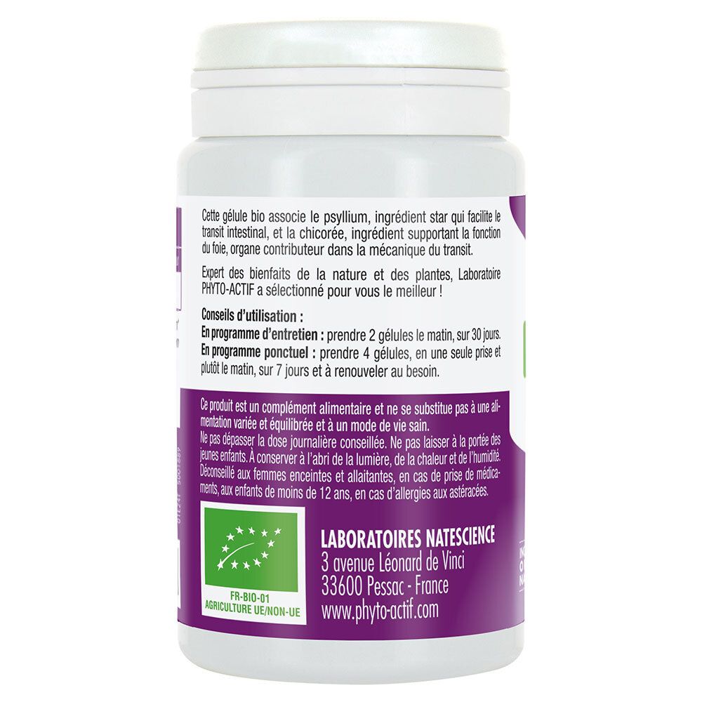 Dos du flacon. Étiquette violette avec texte. Label bio. Texte: Laboratoires Natescience, 3 avenue Léonard de Vinci.