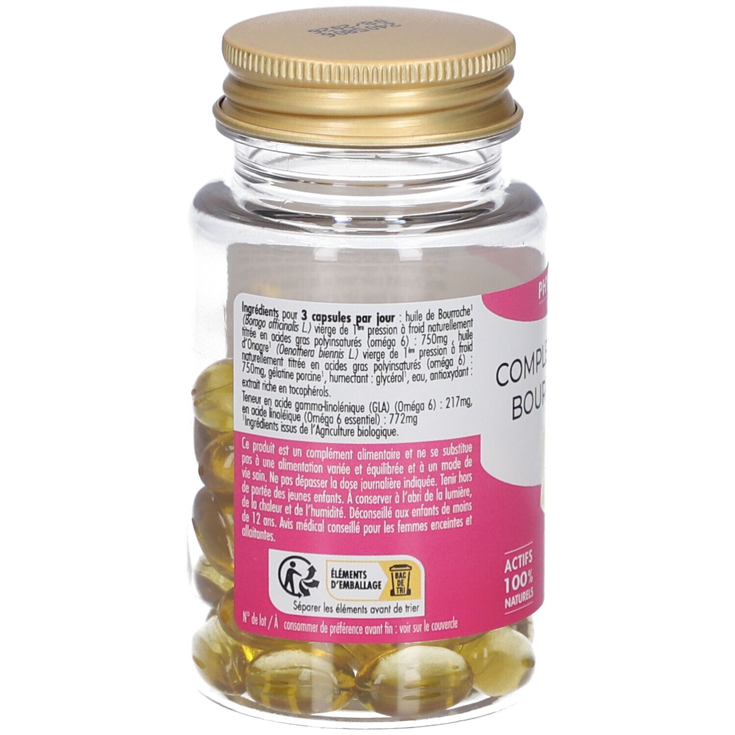 Dos du flacon de gélules. Informations textuelles en français. Symbole de recyclage.