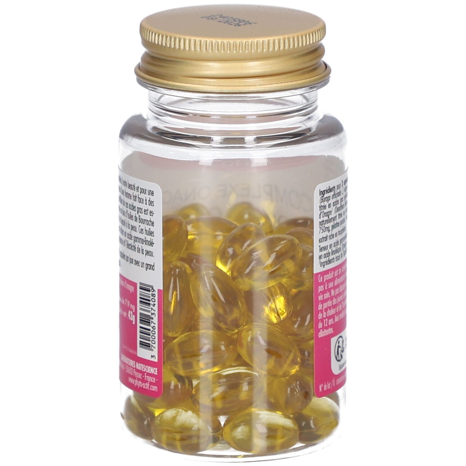 Vue arrière du flacon de gélules. Informations textuelles en français. Étiquette avec fond rose.