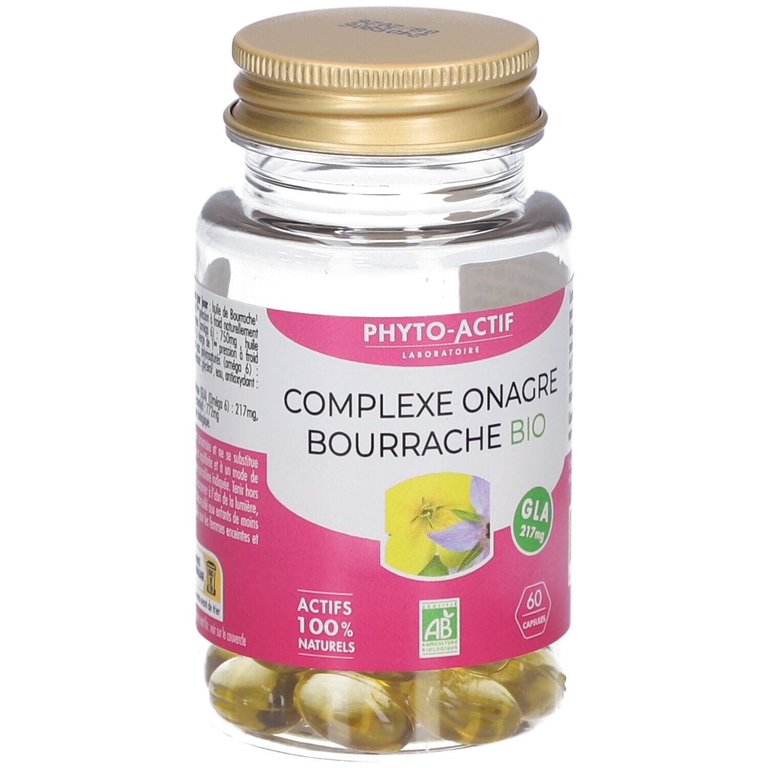 Flacon transparent de gélules avec bouchon doré. Inscription: PHYTO-ACTIF, Complexe Onagre Bourrache Bio, 60 capsules.