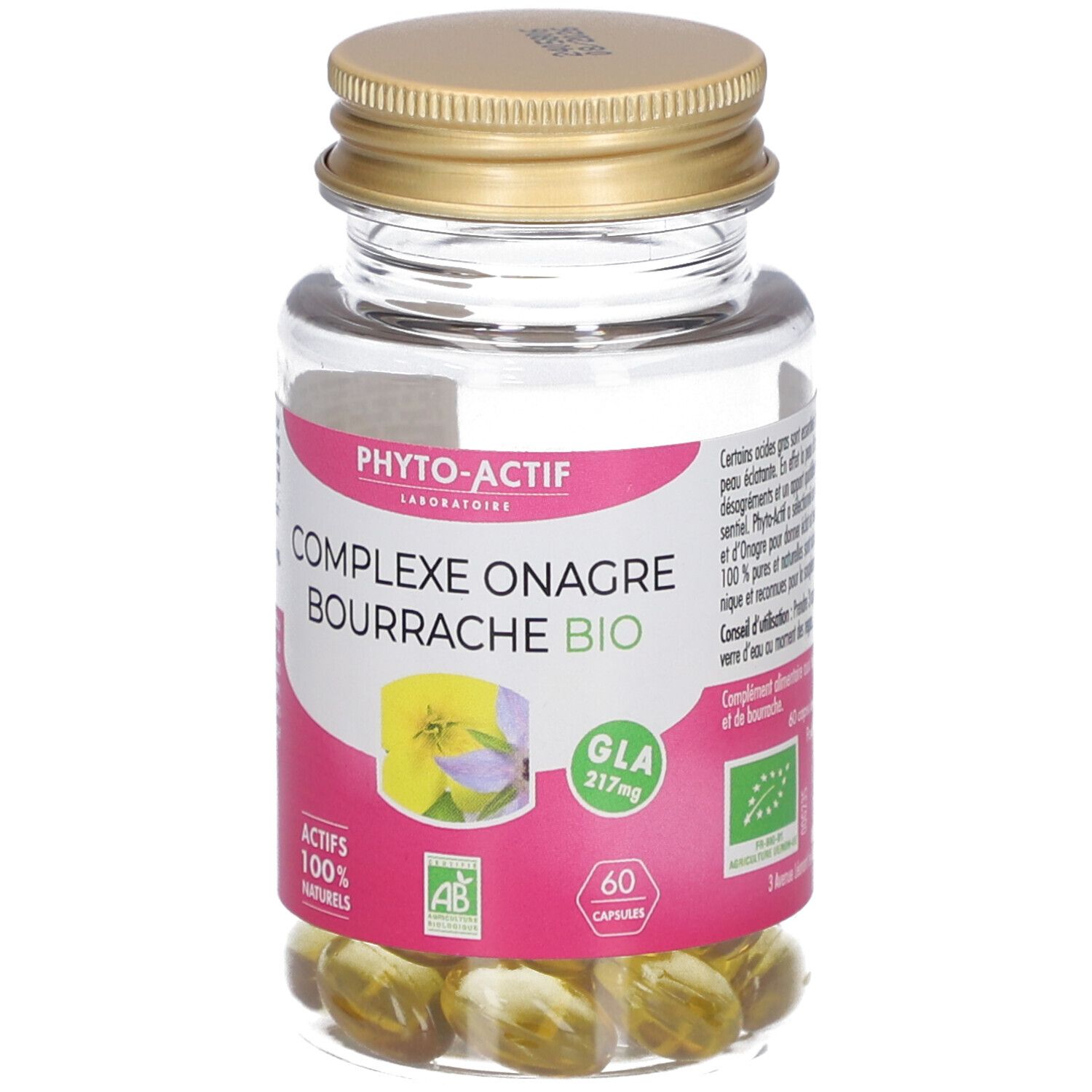 Flacon transparent de gélules avec bouchon doré. Inscription: PHYTO-ACTIF, Complexe Onagre Bourrache Bio, 60 capsules.