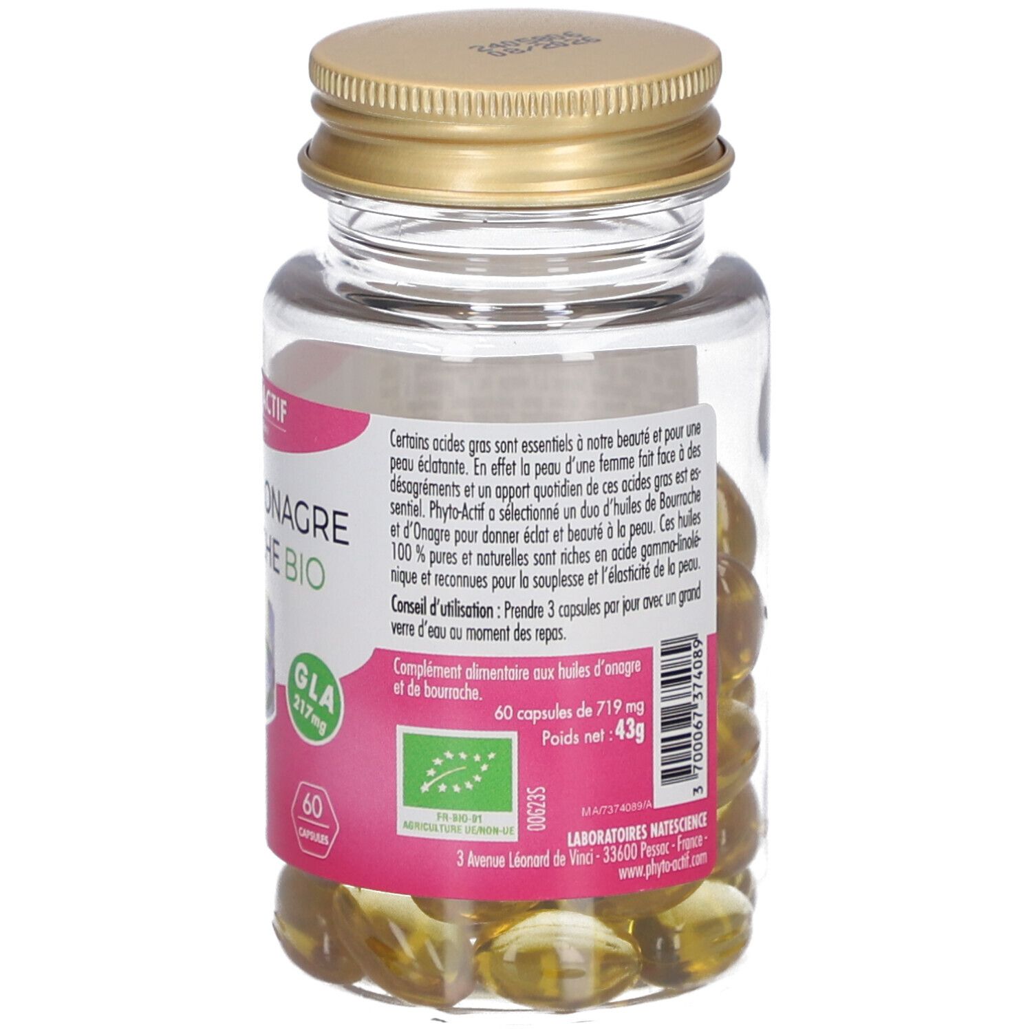 Dos du flacon de gélules. Informations textuelles en français. Étiquette avec fond rose.