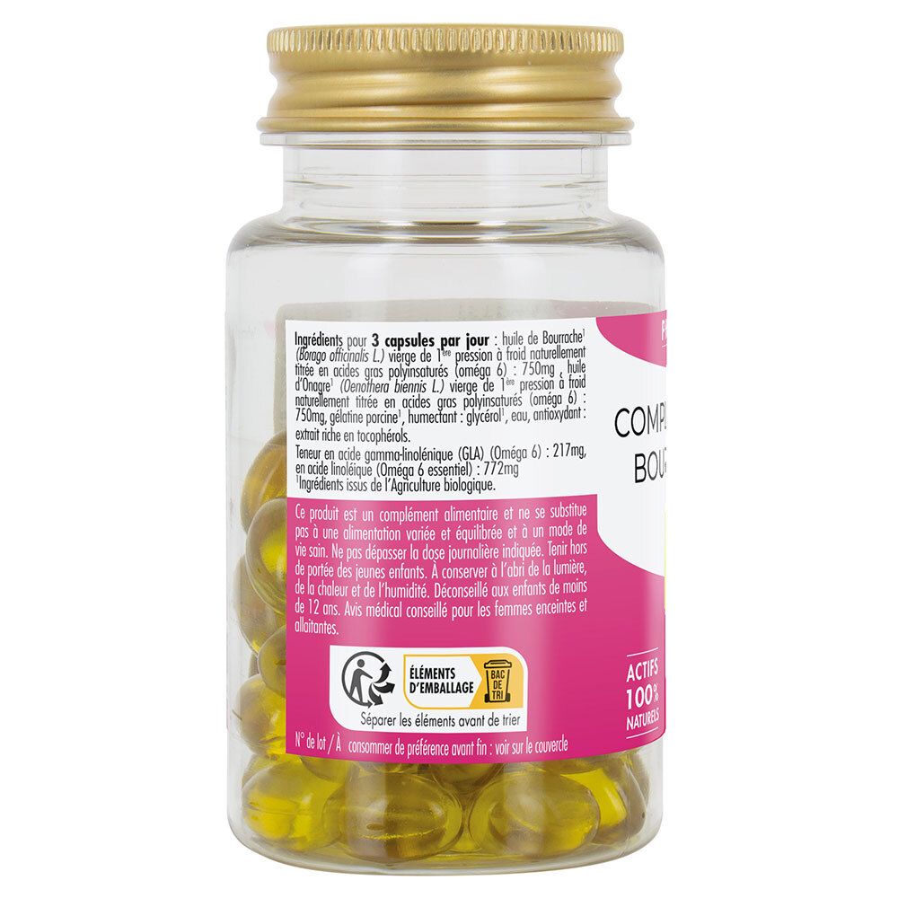 Dos du flacon de gélules. Texte: ingrédients, mode d'emploi, avertissements. Symbole de recyclage.