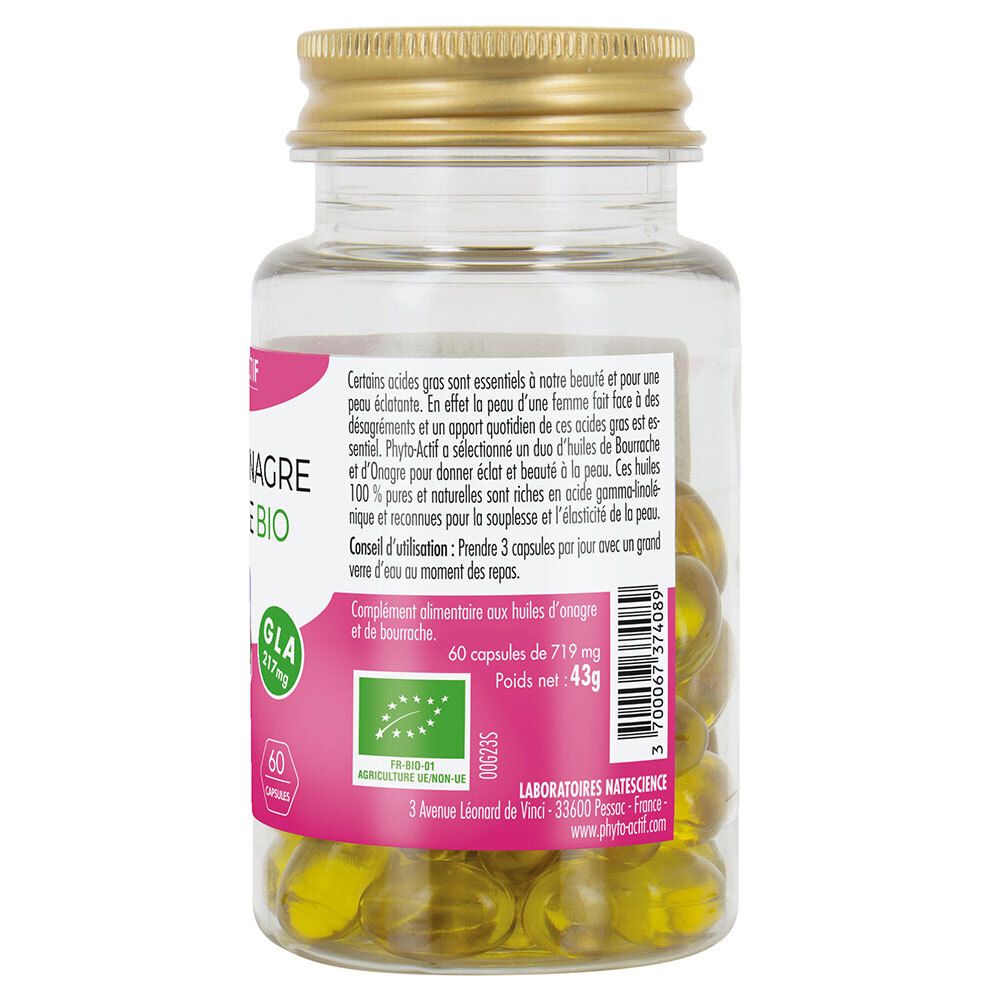 Dos du flacon de gélules. Texte: conseils d'utilisation, ingrédients, avertissements. Label bio.