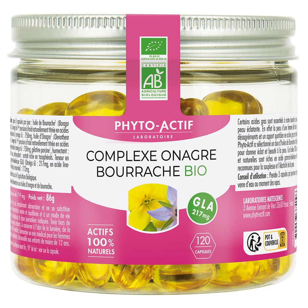 Pot de gélules. Étiquette avec nom du produit, label AB. 120 gélules. Ingrédients actifs 100% naturels.