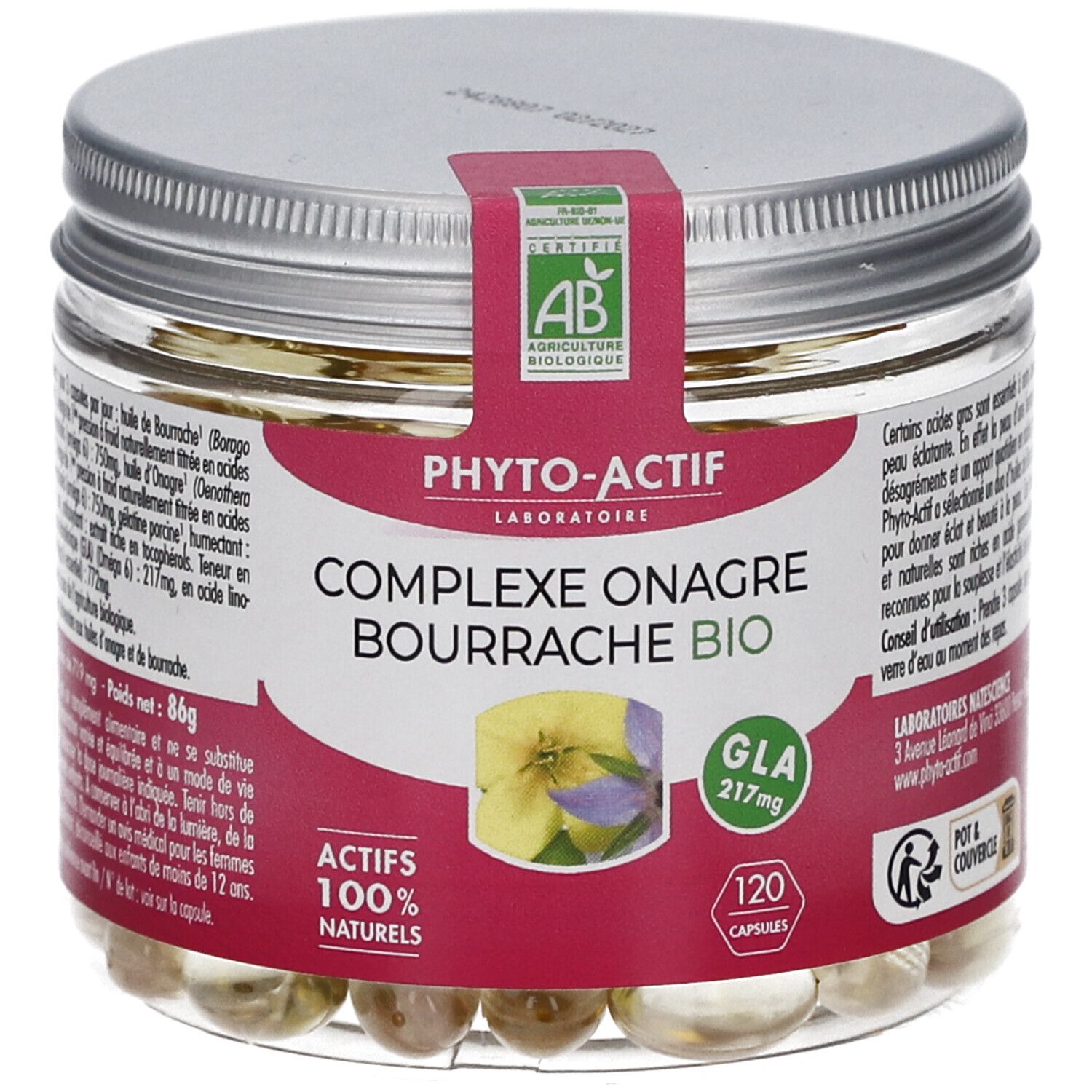 Pot en verre contenant des gélules. Étiquette avec certification AB et nom du produit. 120 gélules. Inscription: Actifs 100% naturels.