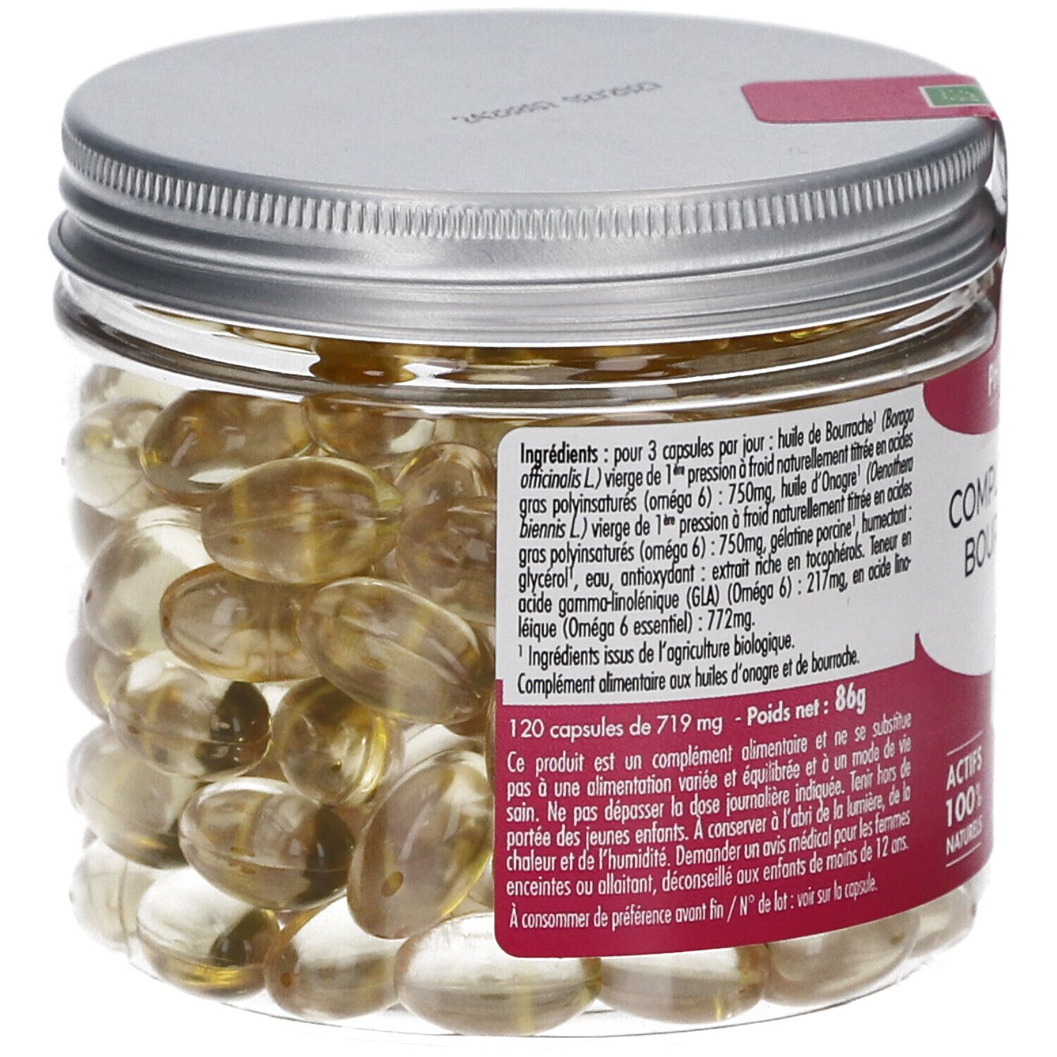 Pot en verre avec capsules. Étiquette avec liste d'ingrédients et informations sur le produit. 120 gélules. Poids: 86g.