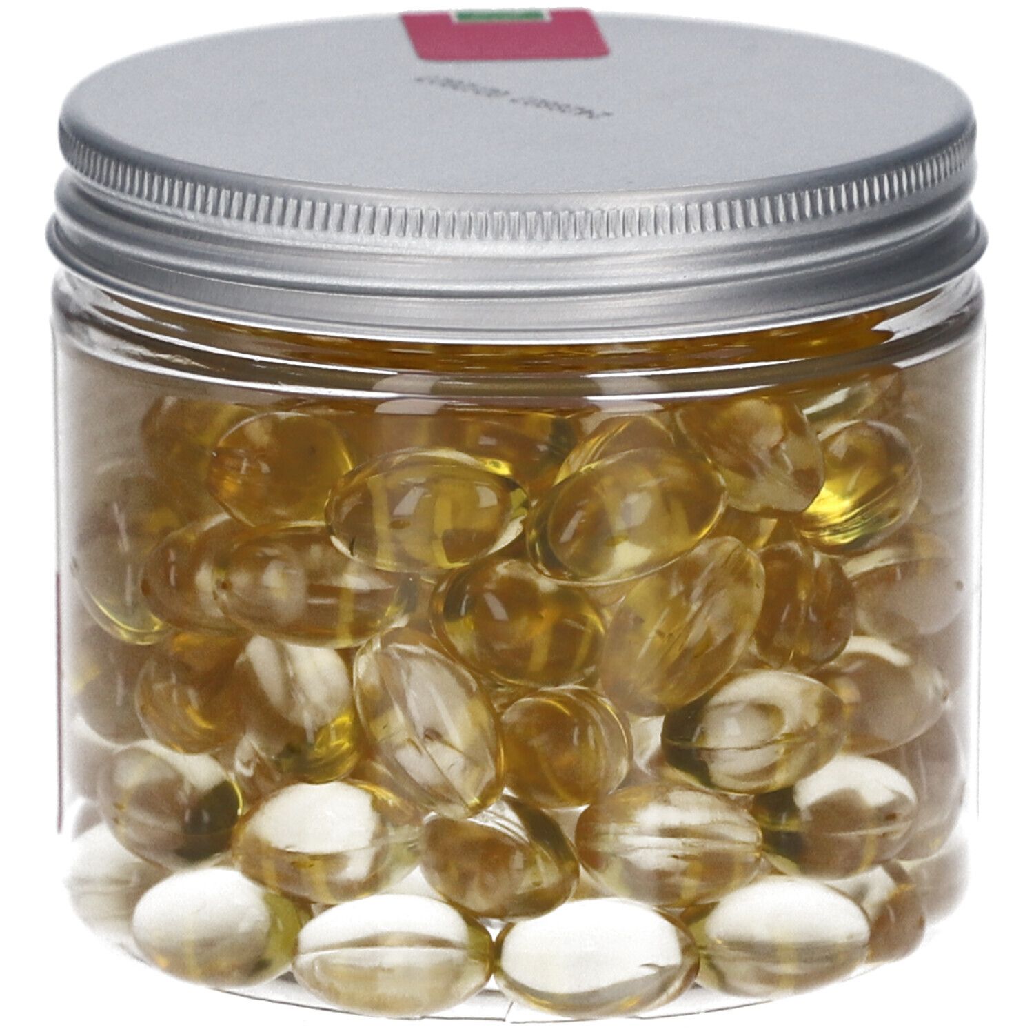 Pot en verre avec gélules jaunes. Couvercle argenté. Emballage transparent.