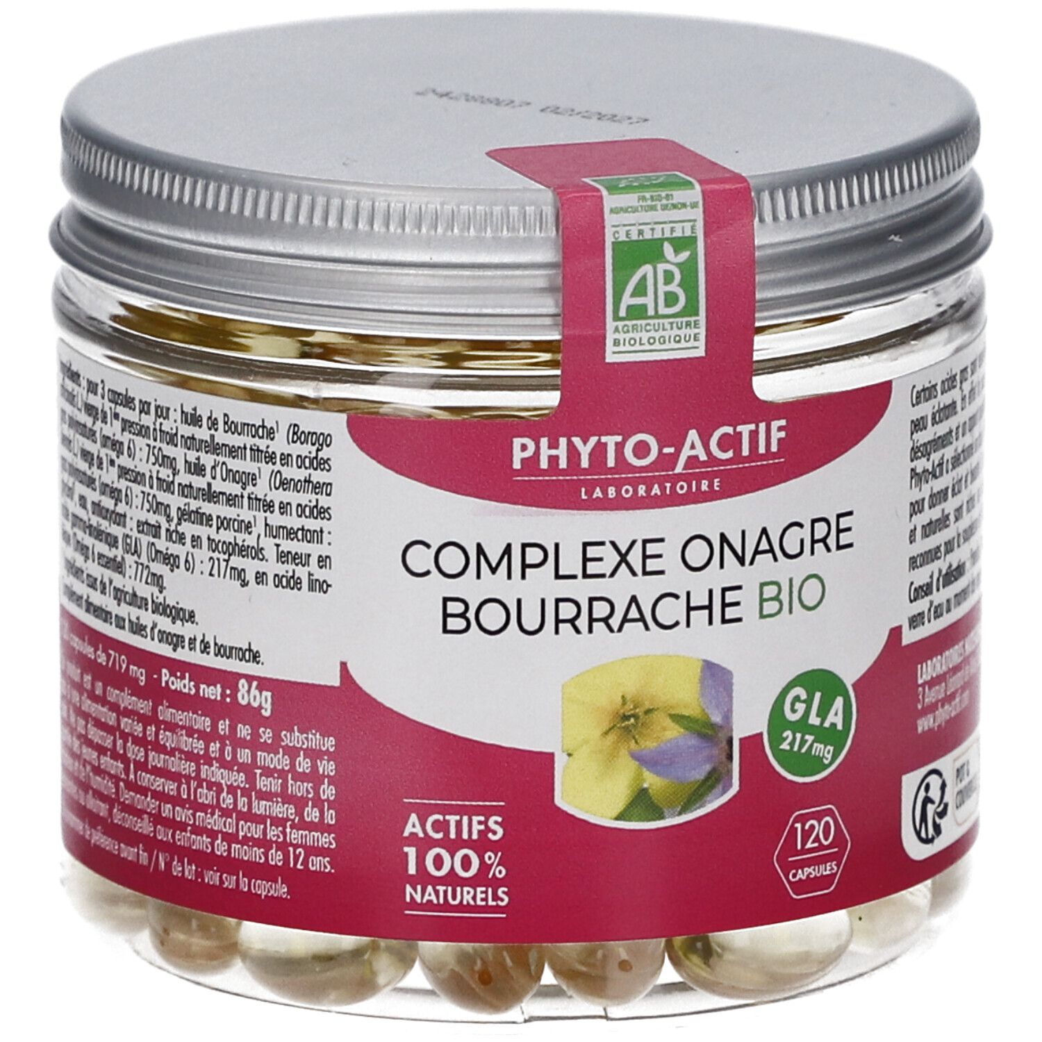 Pot en verre contenant des gélules. Étiquette avec certification AB et nom du produit. 120 gélules. Inscription: Actifs 100% naturels.