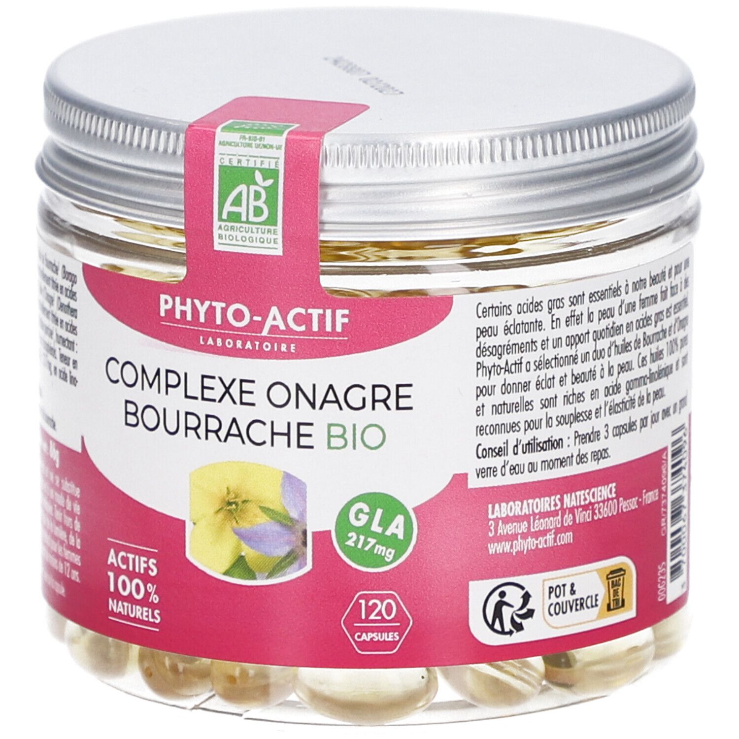 Pot en verre contenant des gélules. Étiquette avec certification AB et nom du produit. 120 gélules. Inscription: Actifs 100% naturels.