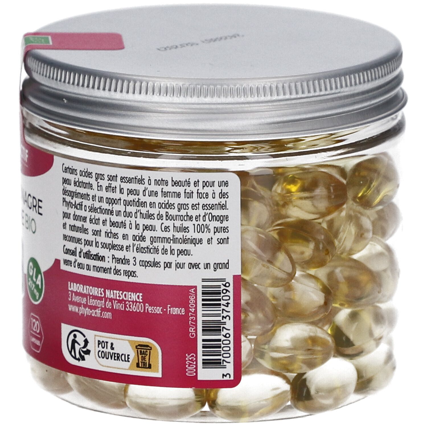 Pot en verre avec gélules. Étiquette avec informations sur le produit et code-barres. 120 gélules.