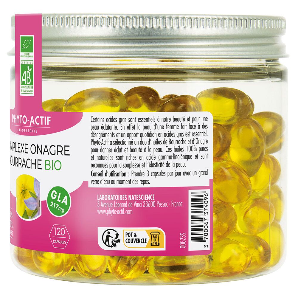 Pot de gélules. Étiquette avec nom du produit. Texte sur les acides gras et l'utilisation. 120 gélules.