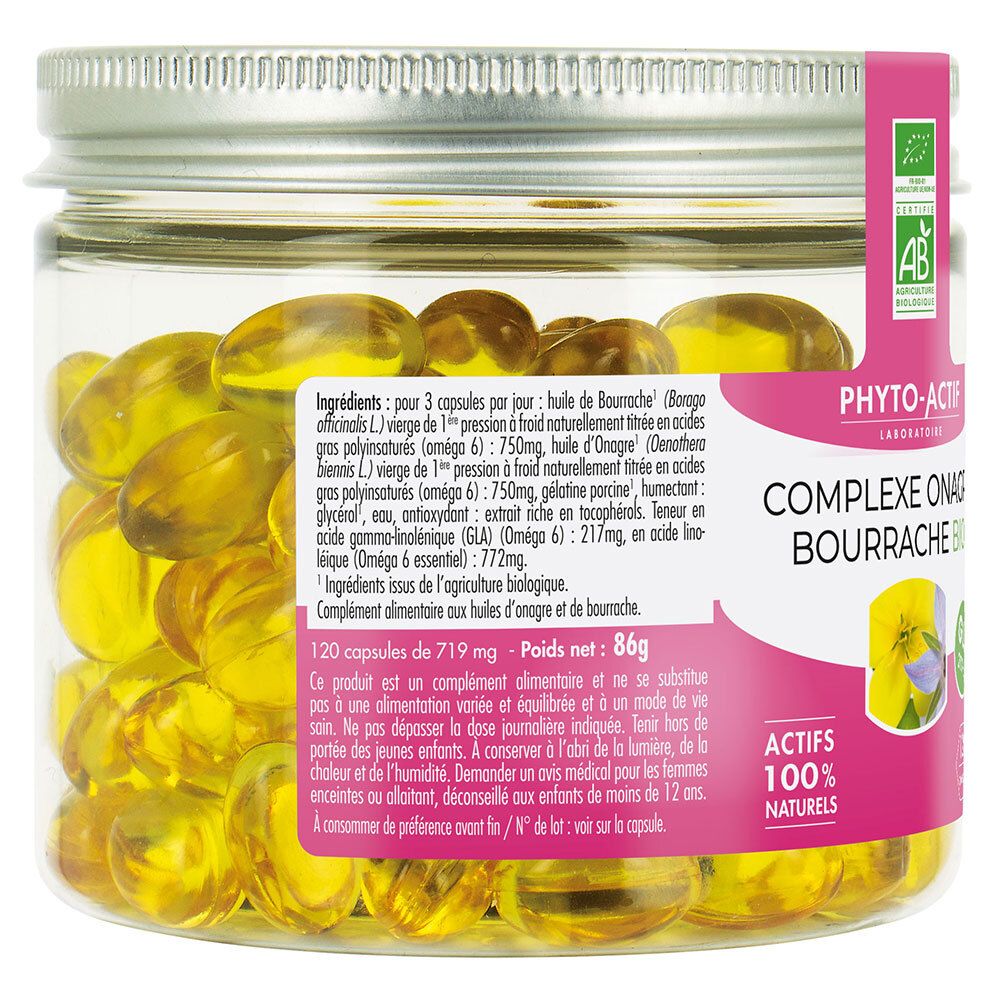 Pot de gélules. Étiquette avec nom du produit. Liste des ingrédients. 120 gélules. Poids net : 86g.