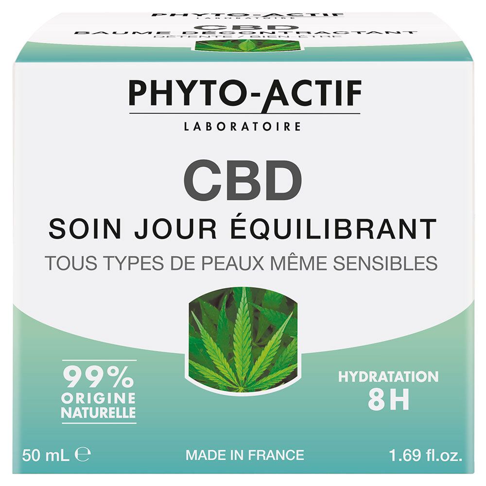 Boîte blanche avec texte. PHYTO-ACTIF, CBD, Soin Jour Équilibrant. 99% Origine Naturelle, Hydratation 8H. Contient 50 ml.