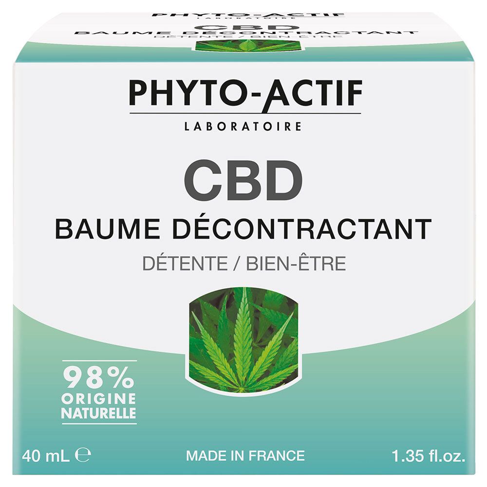 Boîte blanche et verte avec impression du produit. Inscription : PHYTO-ACTIF, CBD, Baume Décontractant, Détente/Bien-Être. 98% Origine Naturelle.