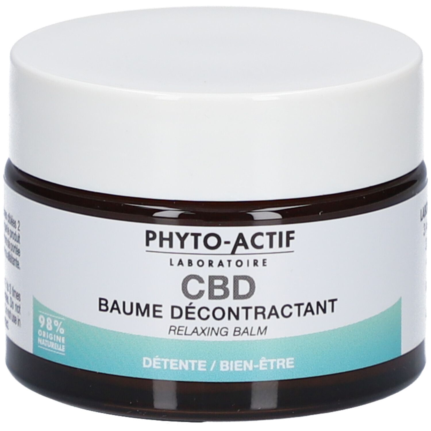 Pot en verre brun avec couvercle blanc. Inscription: PHYTO-ACTIF, CBD, Baume Décontractant, Relaxing Balm. 98% Origine Naturelle.