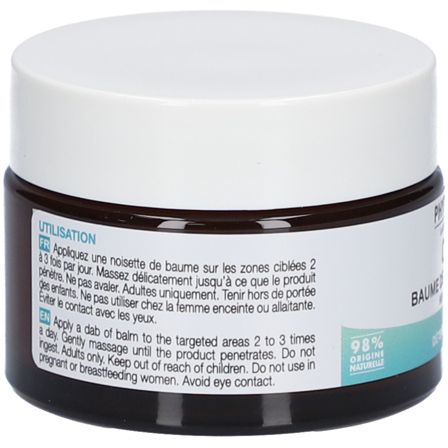 Pot en verre brun avec couvercle blanc. Inscriptions: Instructions d'utilisation en français et en anglais. 98% Origine Naturelle.