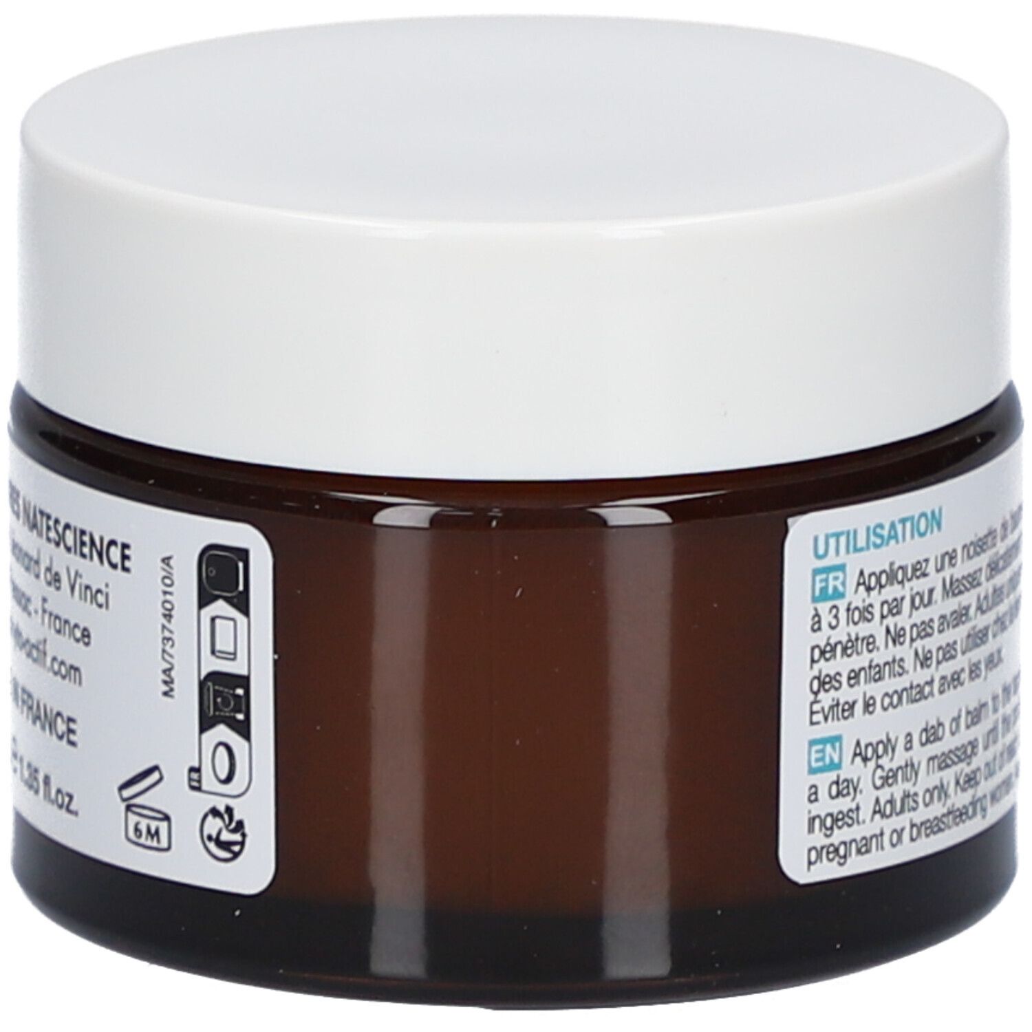 Pot en verre brun avec couvercle blanc. Inscriptions: Adresse du fabricant, symbole 6M, 40 ml.