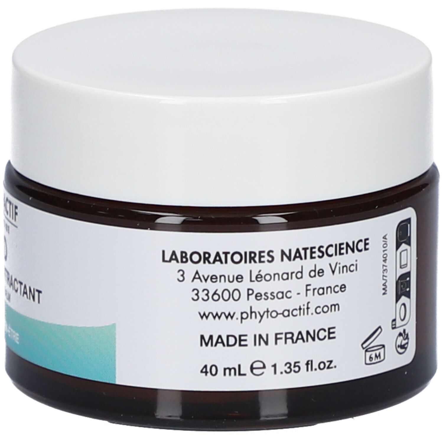 Pot en verre brun avec couvercle blanc. Inscriptions: Adresse du fabricant, 40 ml, 1.35 fl.oz., Made in France.